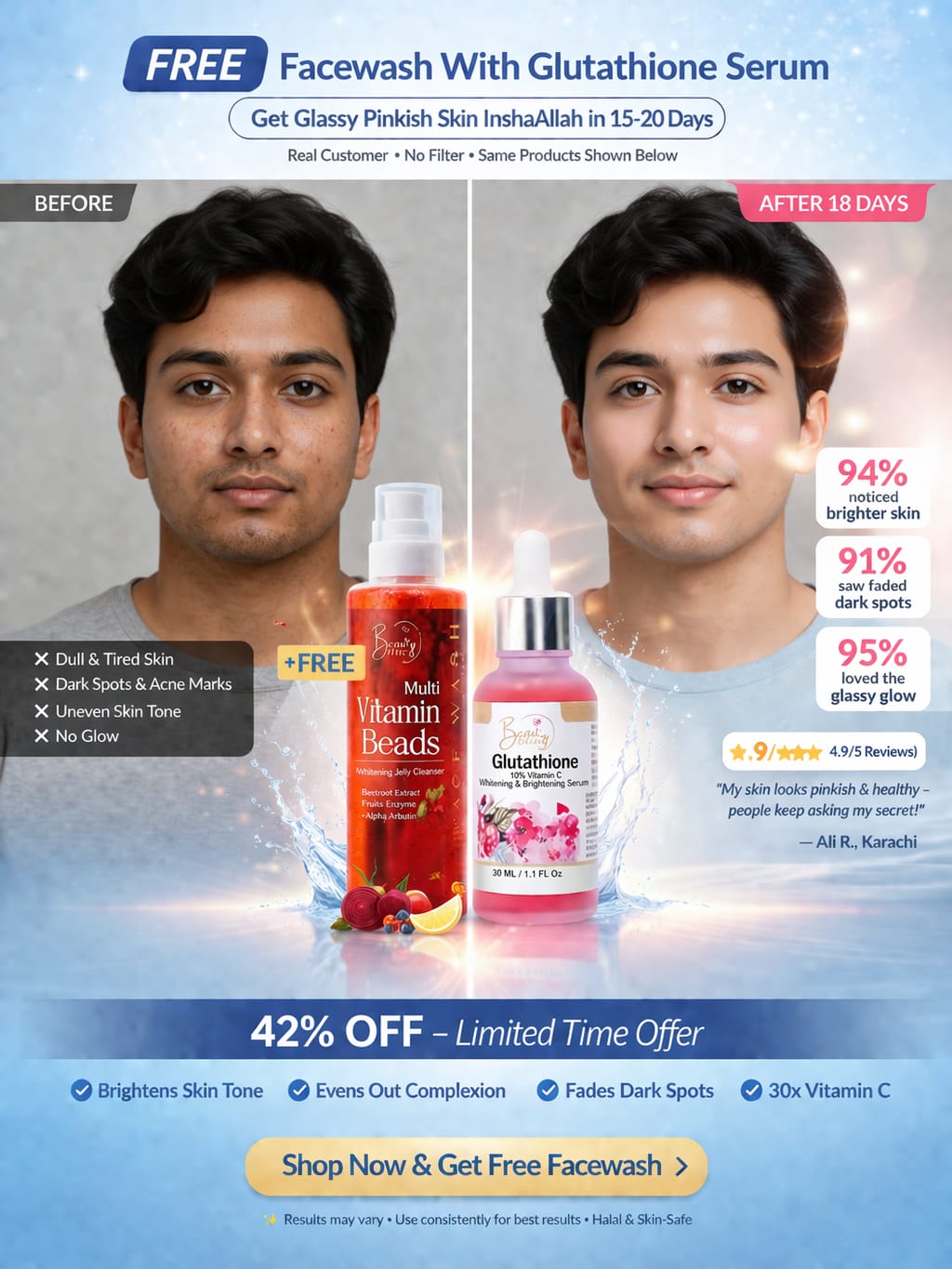 Glutathione Serum +FREE Vitamin Beads Jelly Cleanser Face Wash Combo Deal