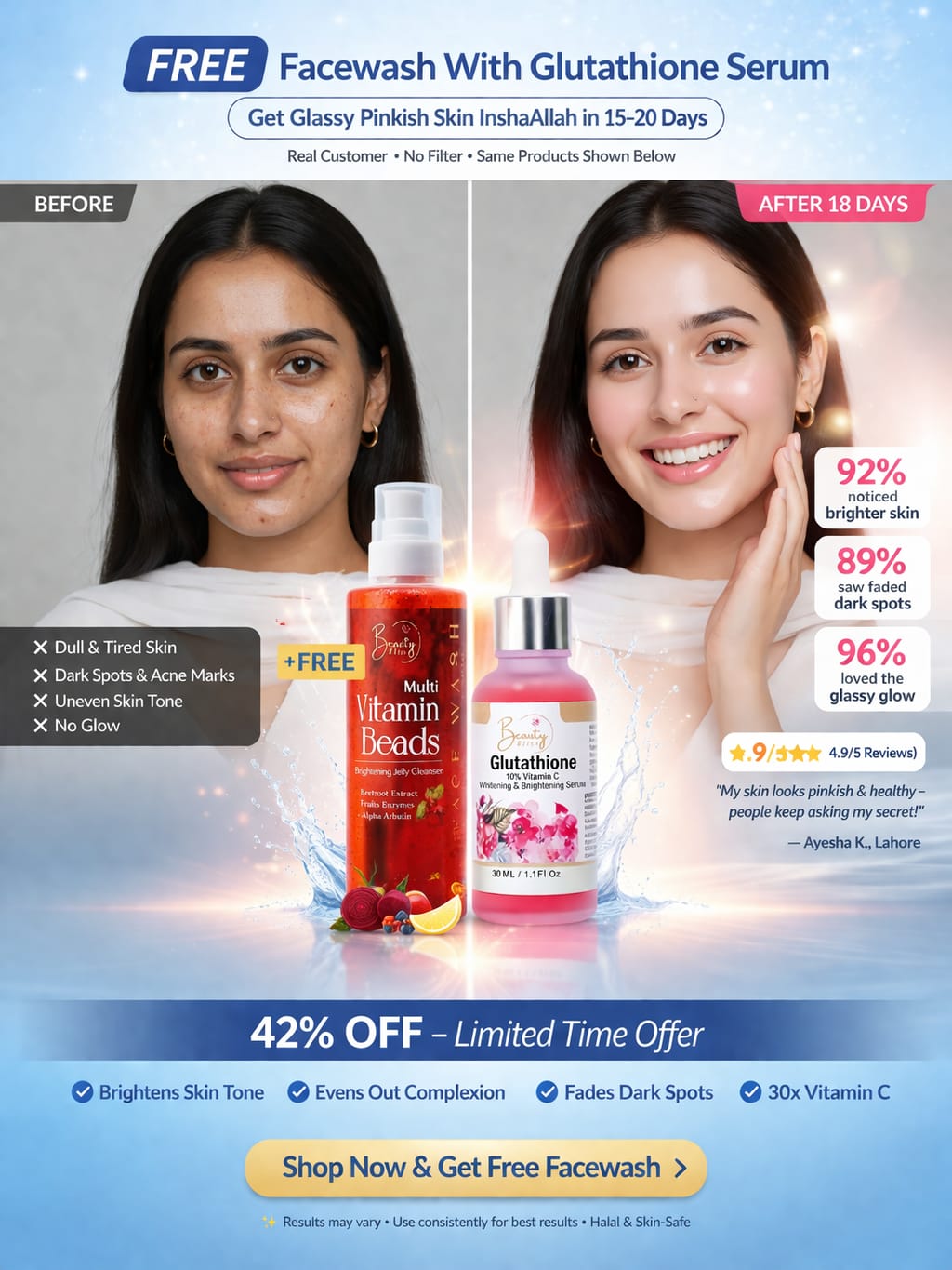 Glutathione Serum +FREE Vitamin Beads Jelly Cleanser Face Wash Combo Deal