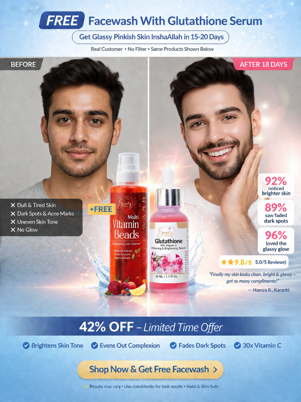 Glutathione Whitening Serum +FREE Vitamin Beads Jelly Cleanser Face Wash Combo Deal